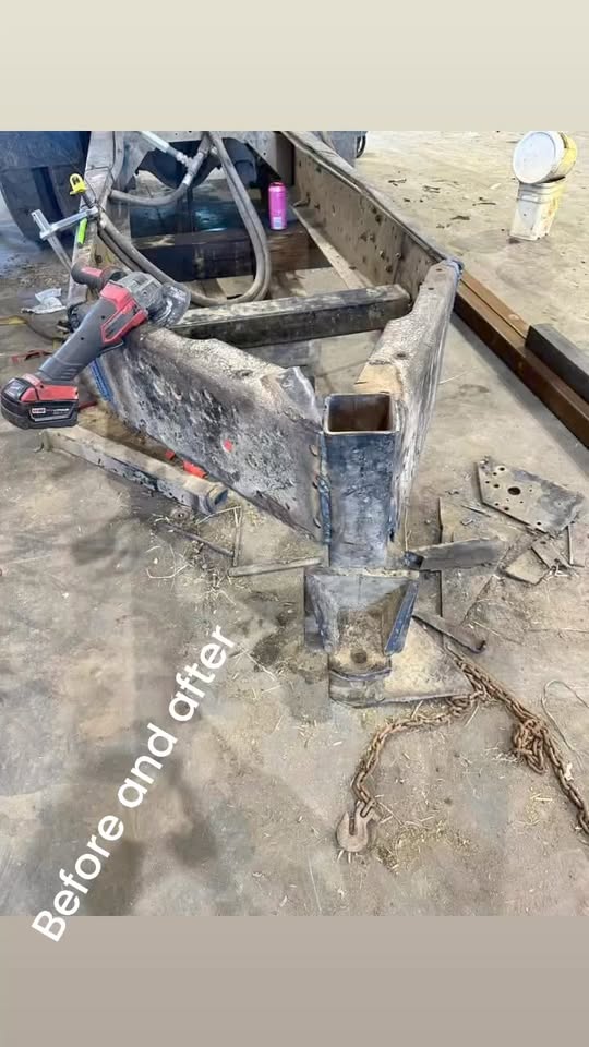 Trailer tongue repair in progress on the shop floor